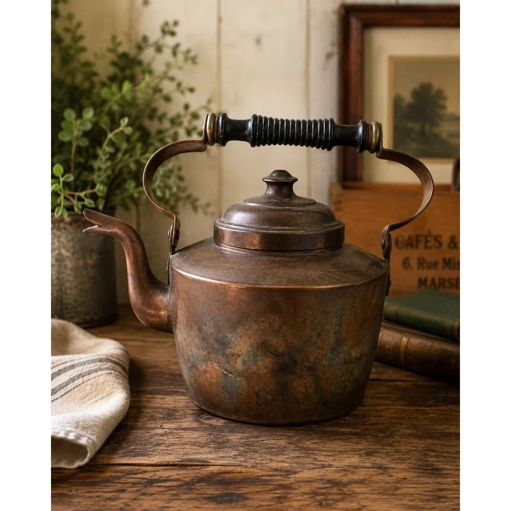 Antique Skultuna 1611 No. 2 Copper Kettle Sweden Wood Handle Lid Pre-1922